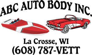 Red speedboat and red classic convertible car illustrated side by side on a black background